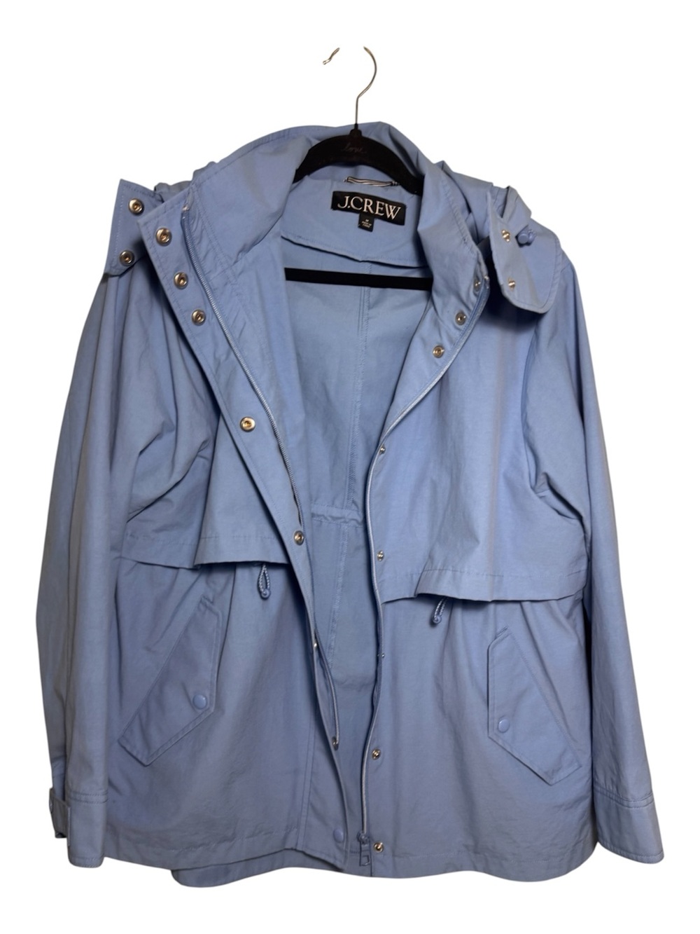 J.Crew Re-Imagined Women’s Blue Hooded Rain Coat Snap/Zip Mid-Length M - Picture 3 of 15